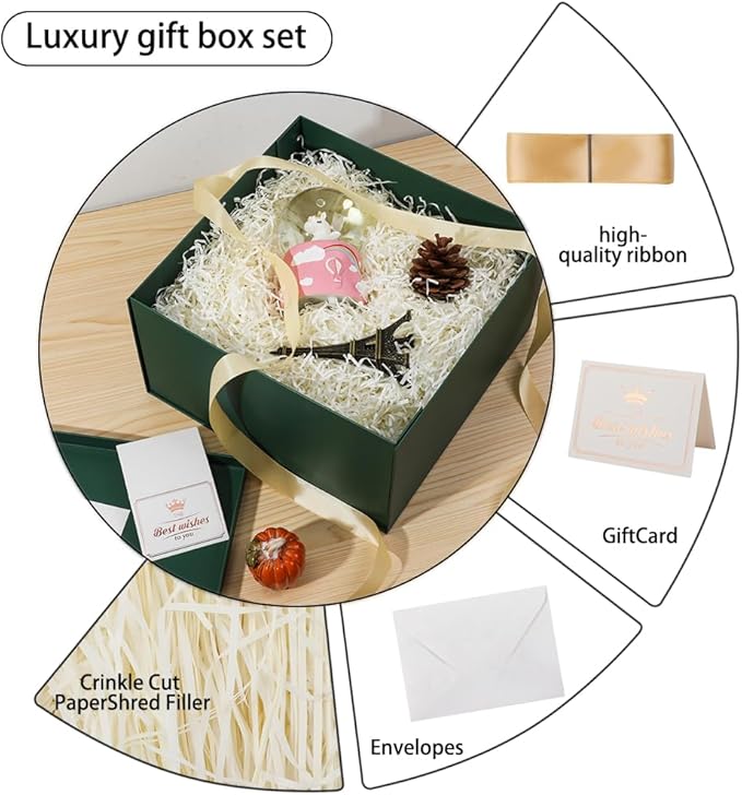 UoeRing 1Pcs Green Extra Large gift box with lids 13×13×7 Inches gift boxes for presents,Birthday Box (include Ribbon, Paper Shred Filler Gift Card & Envelopes)