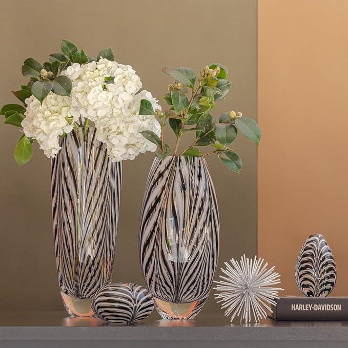 Ca D Oro Murano Style Glass Vase Black and White Feather Pattern Hand Blown Art Glass for Flower, Room Decoration and Centerpiece - Model 54 MS