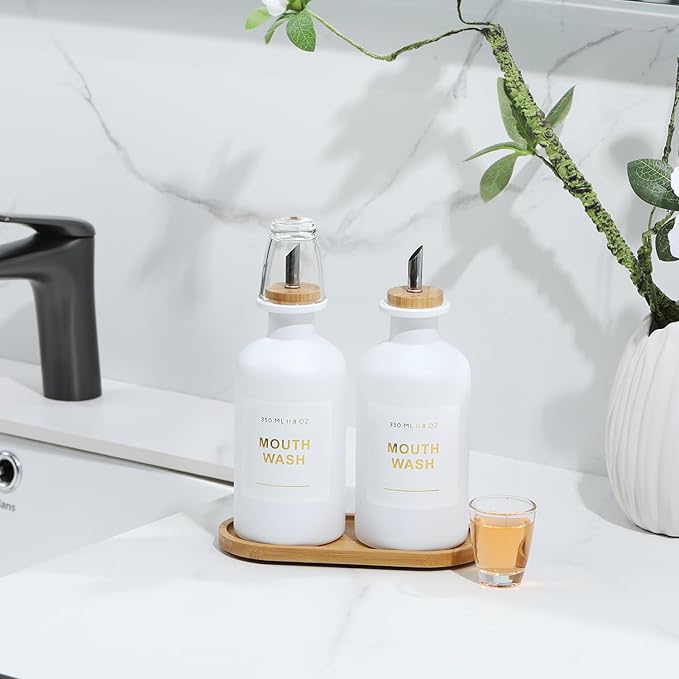 11.8OZ Mouthwash Dispenser for Bathroom with Bamboo & Stainless Steel Pour Spout, Mouthwash Cups Reusable, Bamboo Tray, and Elegant Gold Label. Set of 2（White