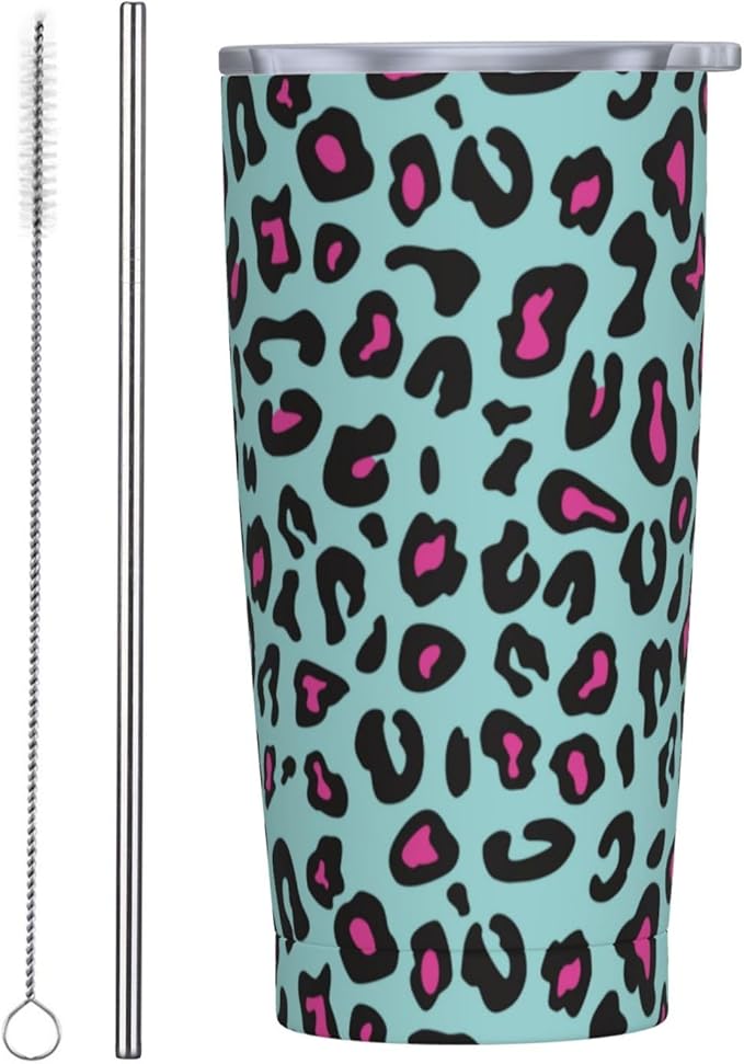 Blue Pink Leopard Tumbler,Leopard 20oz Stainless Steel Insulated Travel Tumblers,Travel Coffee Mug with Lid and Straw Water Bottle Drink Tumbler Cups Gifts for Women Men Lovers