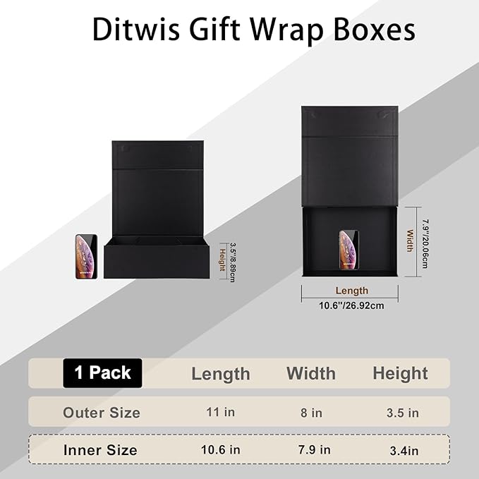 11x8x3.5 Inches Gift Box with Magnetic Closure Lid, Black Magnetic Boxes for Wedding, Groomsmen Bridesmaid Proposal, Birthdays, Mother's Day, 1 Pack