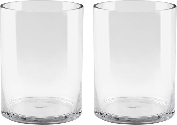 6" Wide 8" High Large Hand Blown Sturdy Clear Cylinder Glass Vase, Centerpiece Flower Vase for Rose, Tulip, Boquets, Hurricane Candle Holder (2, 6"x8")