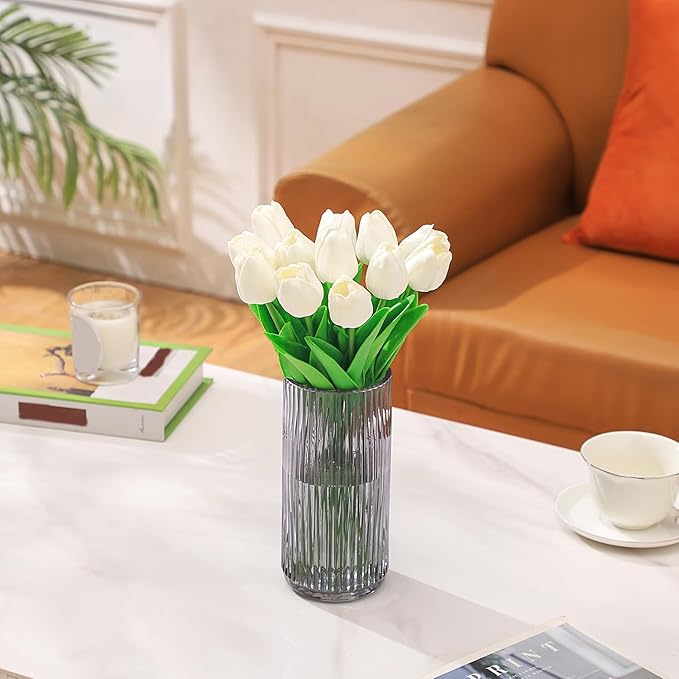 Ribbed Black Glass Vase - 8 Inch Modern Ribbed Vase for Flowers, Living Room, Bathroom, Dining Table, Office, Wedding, Centerpieces