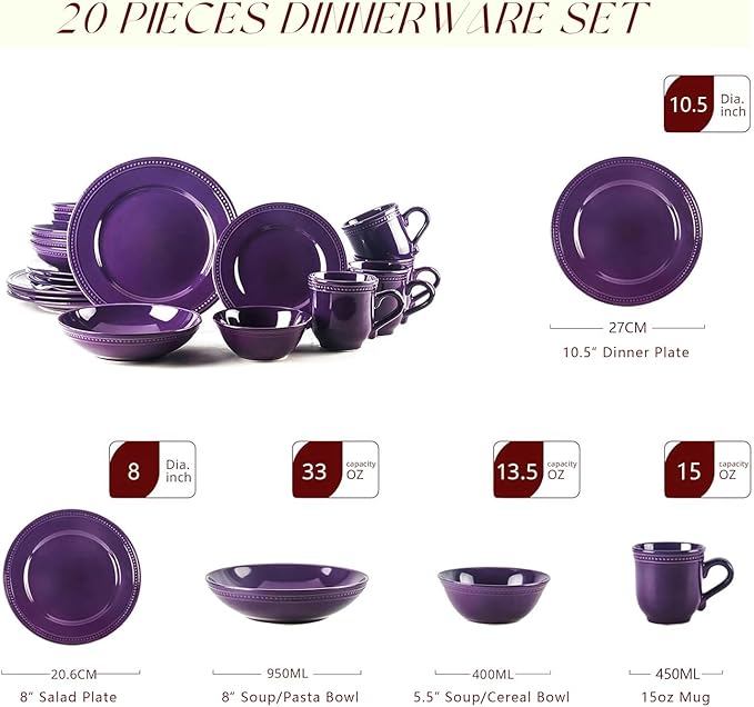 Pearl Dots Stoneware Dinnerware Set (20pc Set, Purple)
