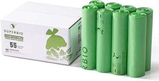 SUPERBIO 55 Gallon Compostable Yard Waste Bags, Lawn & Leaf Bags, Heavy Duty Extra Thick 1.57 Mil, (80 Count Bulk), 208.1 Liter, BPI and OK compost INDUSTRIAL