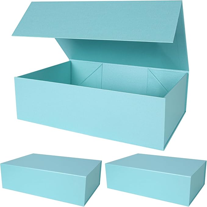 Aimyoo Blue Collapsible Gift Box with Magnetic Closure Lids 13.8x9x4.3 in, Bridesmaid Groomsmen Proposal Box, Large Rectangle Box for Present Graduation Storage 3 Pack