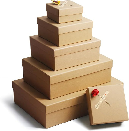 Giftilious Gift Boxes with Lids for Presents, Set of 6 Empty Gift Boxes, Natural and Rustic Kraft Gift Wrap Boxes, Versatile Gift Box for Christmas,Birthday, Anniversaries, Weddings and Any Occasion