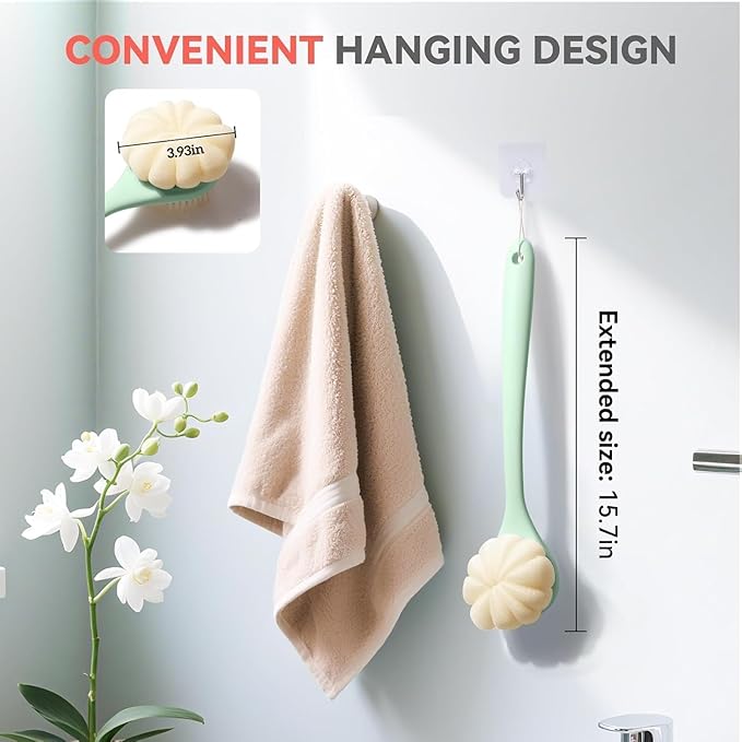 Back Scrubber for Shower, 15.7" Loofah with Handle, Back Shower Brush with Bristles and Loofah, Dry Brushing Body Brush for Cleanse Back and Hard to Reach Areas with Curved Long Handle