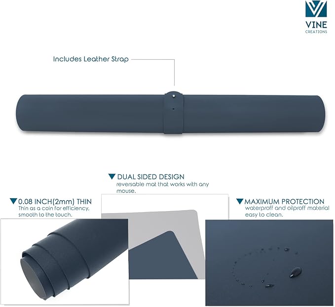 Vine Creations Leather Desk Mat Large 36" x 20", Desk Protector Mat, PU Leather Desk Pad, Large Mouse Pad, Desk Blotter, Desk Pads on Top of Desks, Desk Matt for Desktop, Office Desk Mat (Dark Blue)