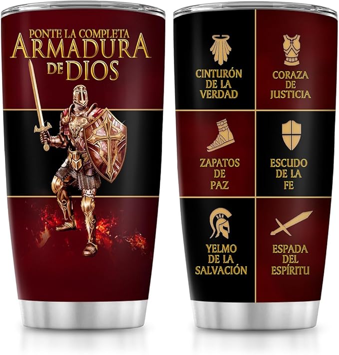 Jesuspirit Christian Gifts for Men, Women - Fathers Day, Pastor Appreciation Religious Gift For Men - Christian Coffee Mug - Armor Of God Stainless Steel Tumbler (Armor Of God (Spanish), 20OZ)
