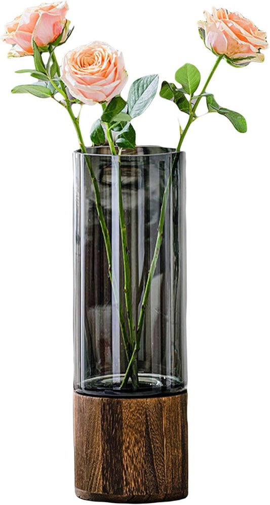 Artistic Wood Glass Vase, 12" H, Large Wooden Base Cylindrical Flower Vase, Classic Boho Rustic Style for Fireplace Bedroom Kitchen Living Room Centerpieces Office Desk