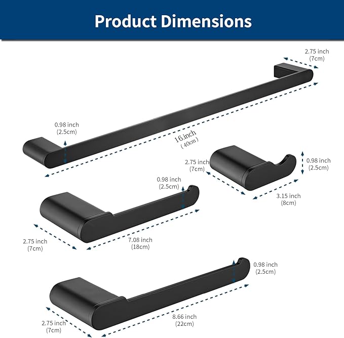 Bathroom Hardware Set, 4-Piece Towel Rack Towel Bar Towel Holder Toilet Paper Holder Towel Hooks Wall Mounted Bath Towel Bars Matte Black Stainless Steel Bathroom Accessories Set, 16 inch