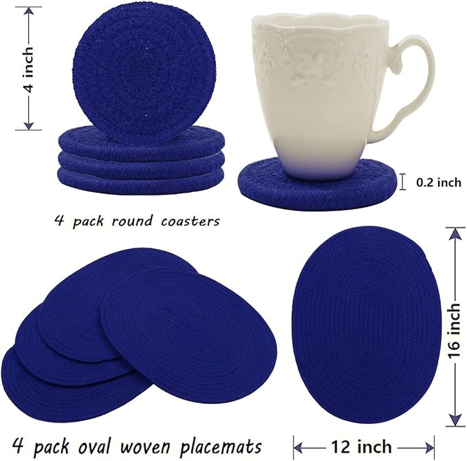 4 Pack Oval Woven Placemats, Blue Cotton Woven Plate Chargers with 4 Pack Round Coasters, Thick Heat Insulation Mats Household Table Mats Braided Bowl Mats Fabric Rustic Placemats for Dining
