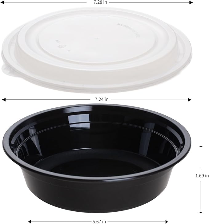 Meal Prep Containers with Lids, Round Shape, 50 Packs (100 Pieces) 24 Oz, Black Color, Meal Bowls, Round To Go Containers, BPA-Free, Freezer & Dishwasher Safe