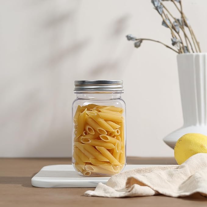 novelinks 16 oz Clear Plastic Jars with Screw-On Lids - BPA-Free Refillable Storage Containers for Slime, Food, Crafts, Kitchen & Household Use (15 Pack,Silver)