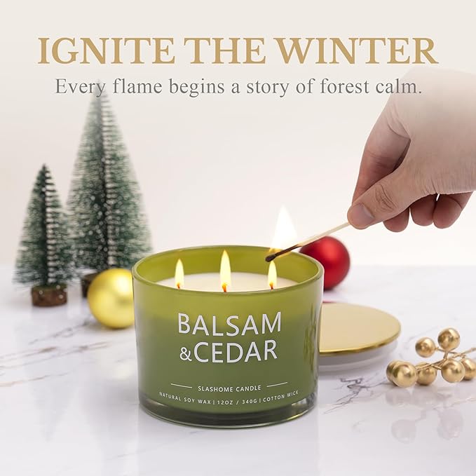 Balsam Cedar Candle, Large 3 Wick 12oz Soy Scented Candle, Luxury Christmas Birthday & Holiday Gift for Women & Men, Long Lasting 60+ Hour Clean Non-Toxic Burn, Elegant Winter Home Decor