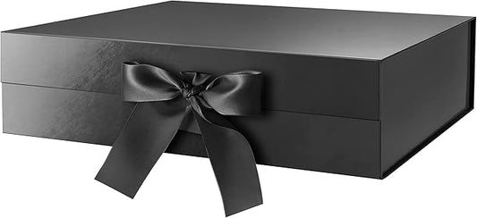 BLK&WH Large Gift Box with Ribbon 13.5x9x4.1 Inches, Black Gift Box with Lid Large, Groomsman Proposal Box, Luxury Magnetic Box for Presents (Glossy Black)