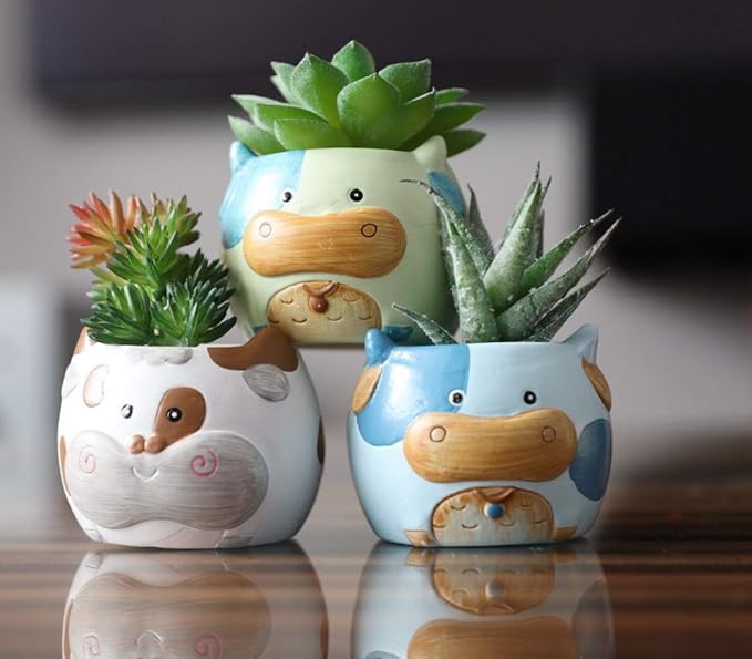 Cow Succulent Pots | Cow Planter Pots Set with Drainage | Ceramic Animal for Cacti Plant | Cute Decorative Holder for Home, Office, Windowsill | 2.7 Inch Set of 6