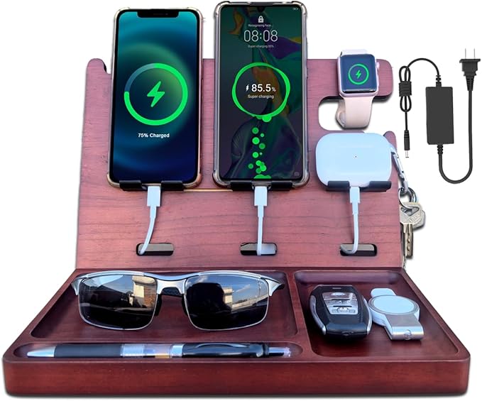 USB Charging Station for Multiple Devices Wood Phone Docking Station with QC3.0 & PD 22.5W Type c Charger Fast Charging for iPhone Samsung Google Andriod Smart Watch Earbuds Gifts for Men