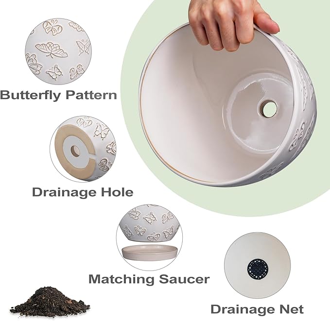 Ceramic Planter Pot - 6.8 Inch Plant Pot with Drainage Hole and Saucer, Succulent Round Flower Pot for Plants Indoor Outdoor, White