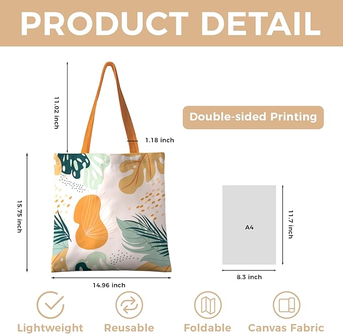 Cute Aesthetic Canvas Tote Bag for Women, Reusable Foldable Shopping Cotton Shoulder Totebag with Zipper Pocket