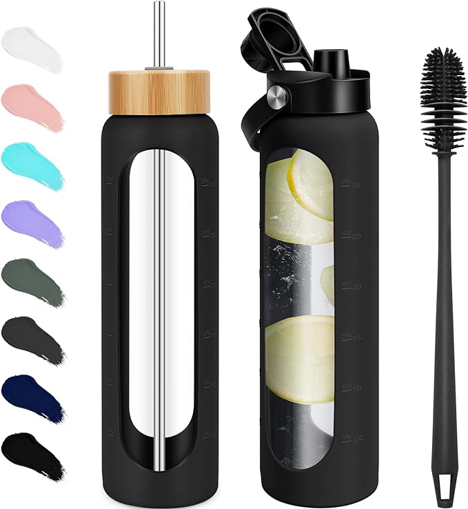 32 oz Glass Water Bottles - 1 Liter Motivational Tumbler Water Bottle Time Marker - Borosilicate Glass Water Bottle With Silicone Sleeve and 2 Lids, Handle Spout & Bamboo Straw Lid