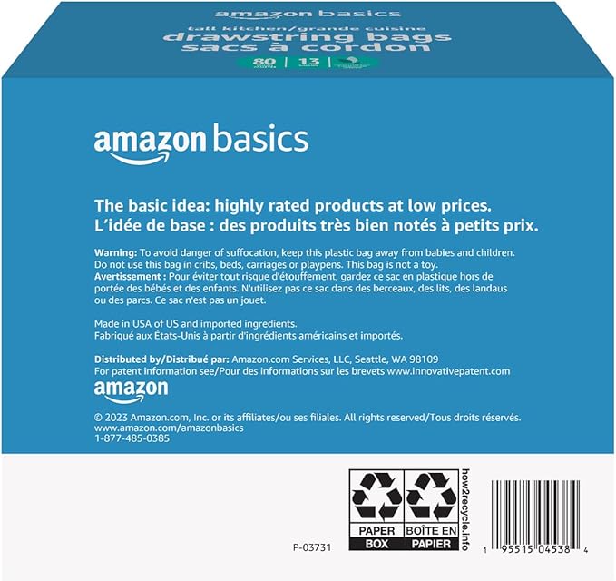 Amazon Basics Ultra-Force Tall Kitchen Drawstring Trash Bags, Classic Clean Scented, 13 Gallon, 80 Count, Pack of 1
