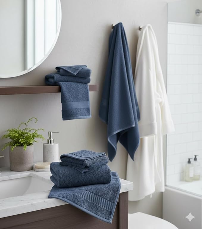 BIOLINEN Navy Bath Towels 24x48 inches 6 Pack | Ultra Soft, Highly Absorbent | 100% Cotton Towels for Bathroom, Gym, Spa, and Hotel Use