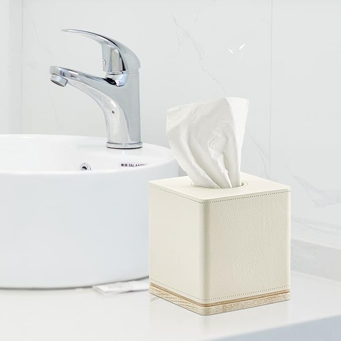 Tissue Box Cover Square Resin Tissue Holder for Home Decor,Hand Carved Beige Leather Cube Tissue Box Holder – 5.5 Inch Heavy Duty Luxury Tissue Box Case for Bathroom, Living Room, Office