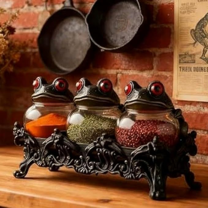 Witchy Frog Apothecary Spice Jars, Handcrafted Vintage Class Apothecary Jars with Frog Lids, Gothic Food Storage Containers, Frogs Spice Jar Fun Salt and Pepper Shakers Seasoning Container