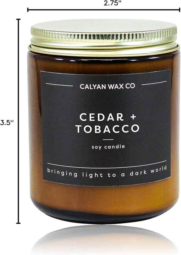 Calyan Wax Co. Cedar & Tobacco Scented Candle - 57 Hour Burn - Luxury Non Toxic Soy Wax Candles - Long Lasting Amber Glass Jar Candle for Home - 7.2oz