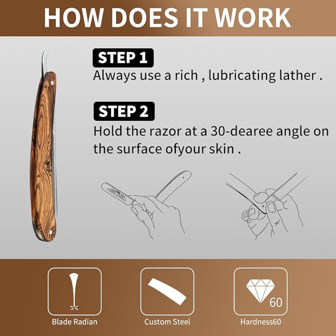 Straight Razor Kit Wooden Handle Shave Ready for Men Barber,Straight Edge Razor Professional Carbon Steel Sharp Shaver with Shaving Strop Brush Shaving Cream for Men Home &Grooming Using