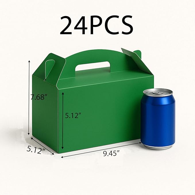 24Pack Large Party Favor Boxes,Green Treat Boxes, (9.45 * 5 * 5"),Large Goodie Boxes, Gable Gift Boxes with Handles,Candy Boxes for Kids Birthday Baby Shower Wedding Halloween Christmas.