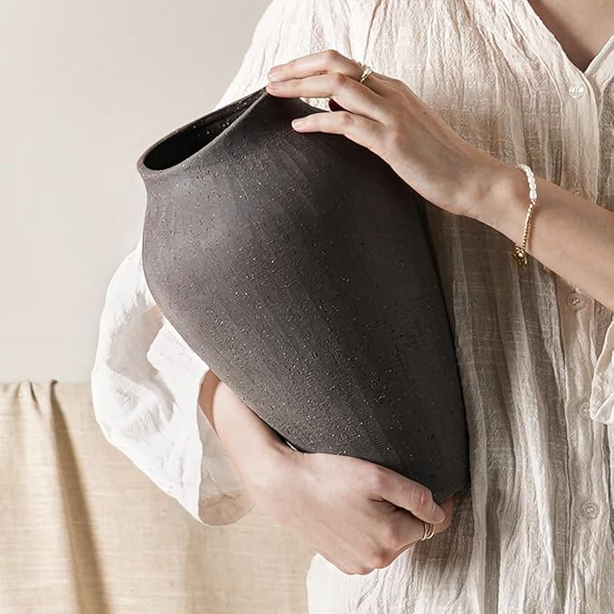 Black Ceramic Vase - Large 11.8 Inch Tall Floor Vase for Centerpieces, Farmhouse Rustic Minimalist Home Decor for Living Room, Enterway, Wedding (Sandstone Black)