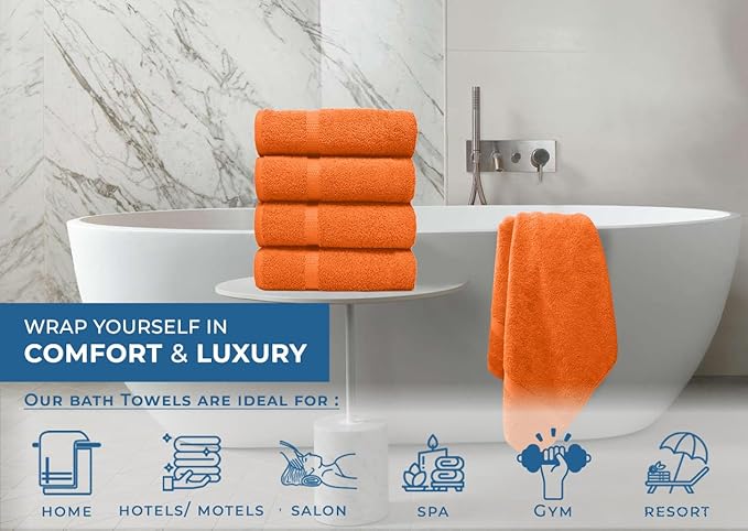 DAN RIVER Bath Towels Set of 4, 27 x 54 Inches, 100% Cotton, Larger & Lighter Weight, Quicker to Dry, Super Soft and Absorbent, Ideal Bathroom Towels Set for Daily Use, Orange