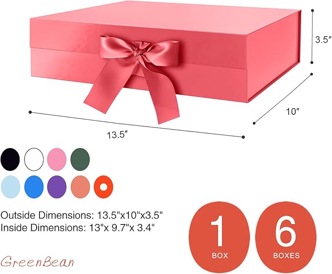 GREEN BEAN Large Gift Box with Lid for Presents 13x9.7x3.4 Inches, Red Magnetic with Ribbon Luxury Gift Box, Bridesmaid Proposal Box (Glossy Red)