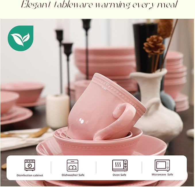 Pearl Dots Stoneware Dinnerware Set (56pc Set, Pink)