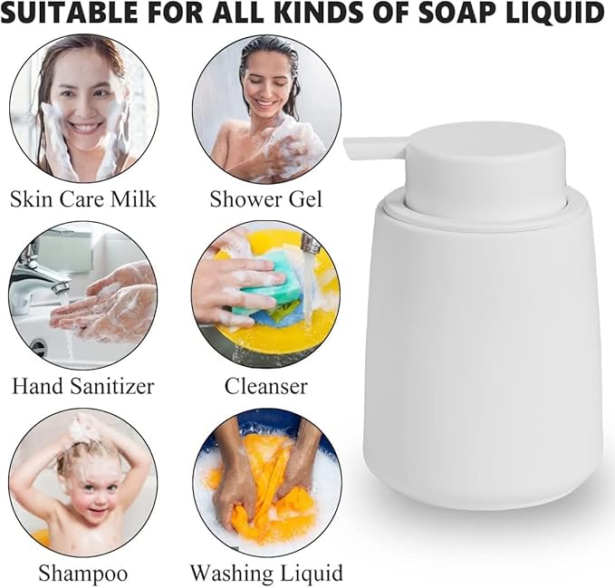 12Oz White Soap Dispenser - Modern Ceramic Lotion Hand Soap Dispenser with Easy-to-Press White Pump, Reusable and Refillable Liquid Dish Soap Dispenser for Bathroom, Kitchen (Rubber Paint)