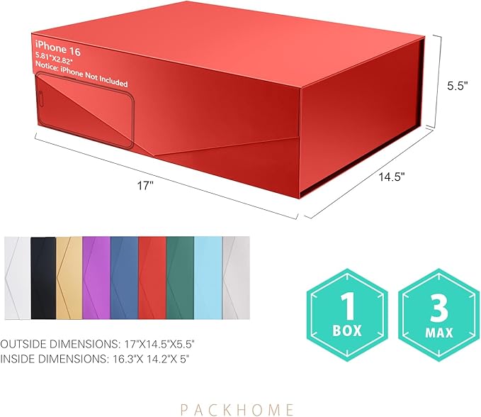 PACKHOME 17x14.5x5.5 Inches, Extra Large Gift Box with Lid, Magnetic Closure Box for Clothes and Large Gifts (Glossy Red)