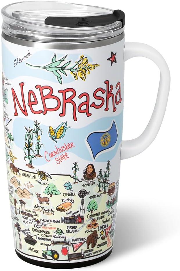 Swig Life 22oz Travel Mug, Insulated Tumbler with Handle and Lid, Travel Coffee Mug, Cup Holder Friendly, Stainless Steel 22 oz Tumbler, Reusable Insulated with Lid (Nebraska)