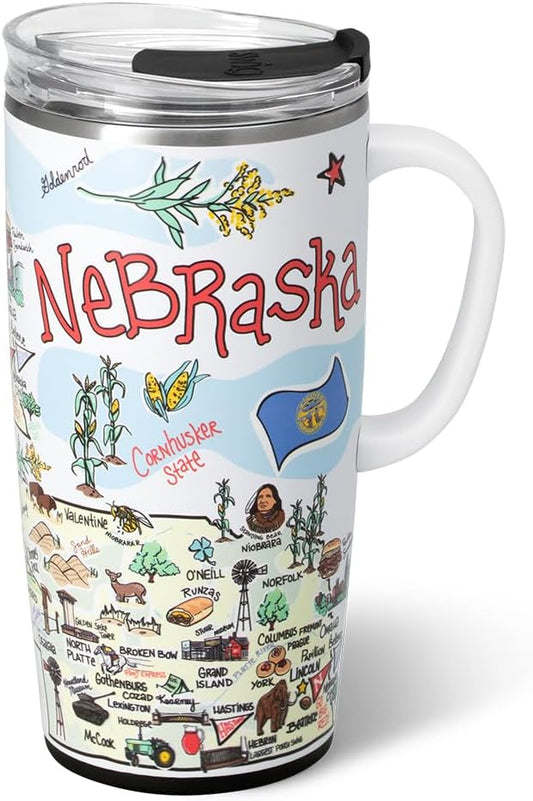 Swig Life 22oz Travel Mug, Insulated Tumbler with Handle and Lid, Travel Coffee Mug, Cup Holder Friendly, Stainless Steel 22 oz Tumbler, Reusable Insulated with Lid (Nebraska)