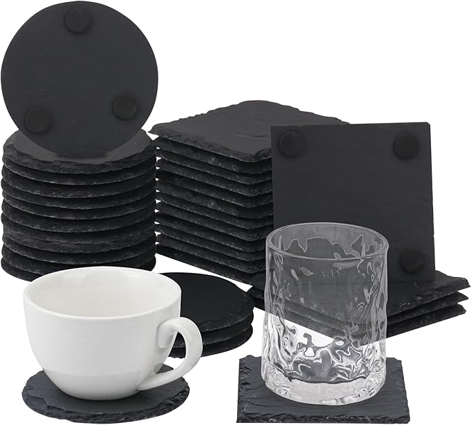 30 Pack 4 Inch Slate Coasters,Black Stone Coasters with Anti-Scratch Bottom, Ideal for Home Decor, Bar, Housewarming Gifts, and Laser Engraving KUKLIPJIM