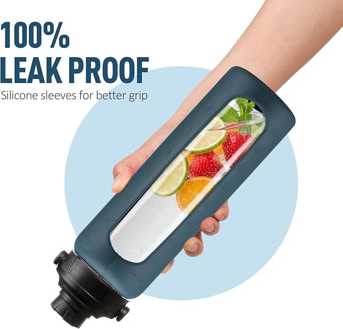 32oz Glass Water Bottle with Straw and 2 Lids- Bamboo and Spout Lid,Motivational Sports Water Bottle with Silicone Sleeve and Time Marker,Reusable for Gym, Outdoors,Dark Blue