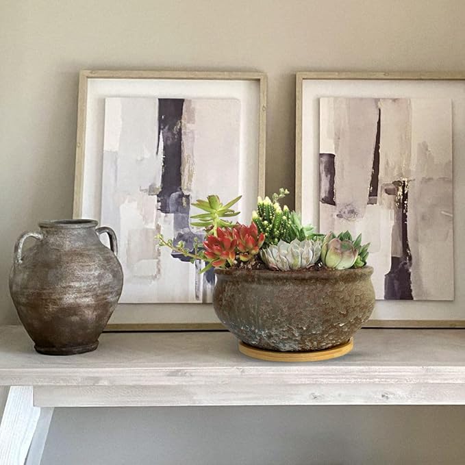 8 Inch Glazed Terracotta Plant Pot Round Ceramic Succulent Planter Pot with Drainage and Saucer Cactus Clay Pot Bonsai Pot (Brown)