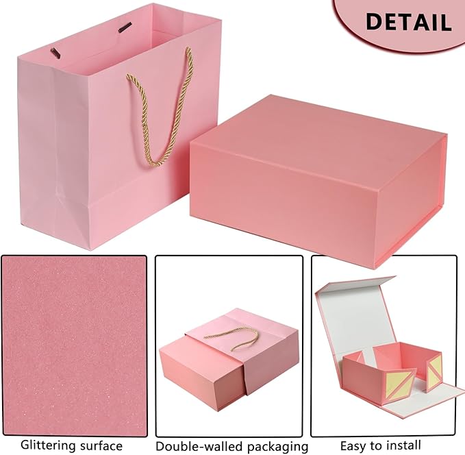 Elegant Gift Boxes with Gift Bag for Presents with Lids Magnetic Closure Rectangle Collapsible for Christmas, Valentine's Day, Birthday Gift Packging (Pink)