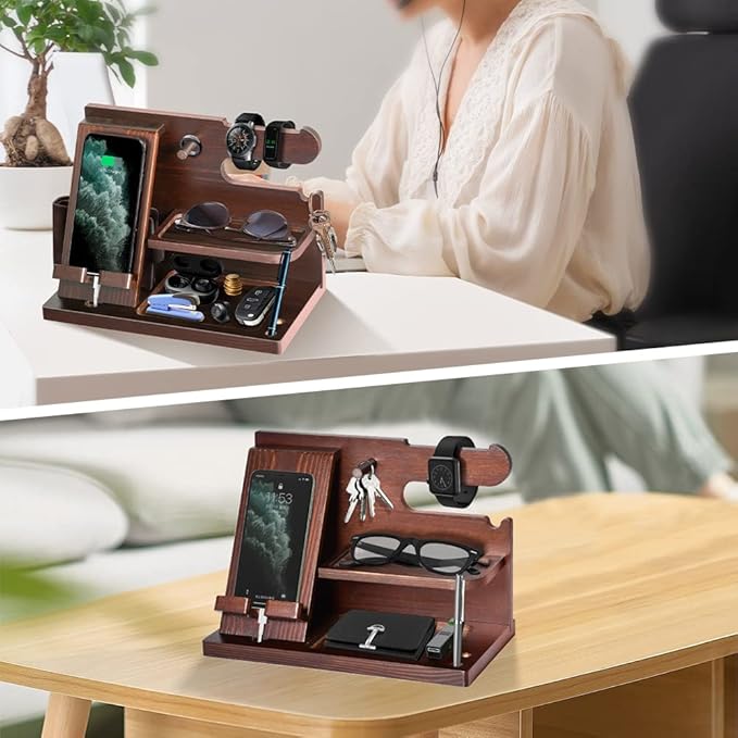 Gifts for Men Wood Phone Docking Station for Mens Gifts for Christmas Husband Anniversary Dad Birthday Gifts for Men or Dad - Nightstand Organizer Purse Father Desk Accessories & Workspace Organizer