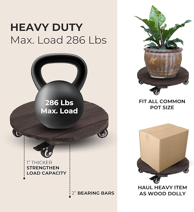 2PCs 14 INCH Wood Plant Caddy with Wheels, Rolling Plant Stand Heavy Duty, 250lbs Capacity Plant Dolly, Plant Stand with 360° Lockable Wheels for Plant Pots, Round Walnut
