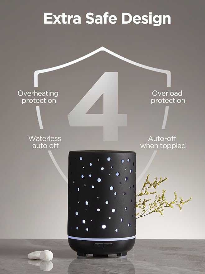 InnoGear Essential Oil Diffuser, 150ml Ceramic Diffuser Ultrasonic Air Diffusers Humidifier Cool Mist Aromatherapy Diffuser with 2 Mist Modes Waterless Auto Off for Home Office, Black