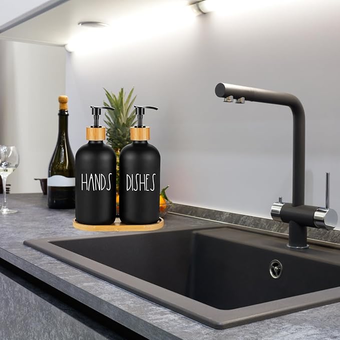 Arktek Glass Soap Dispenser Set with Tray, 2 Pack Hand and Dish Soap Dispenser Set for Bathroom and Kitchen Bottle Dispenser with Dish Soap, Hand Soap, Lotion 17 Oz (2 Black)