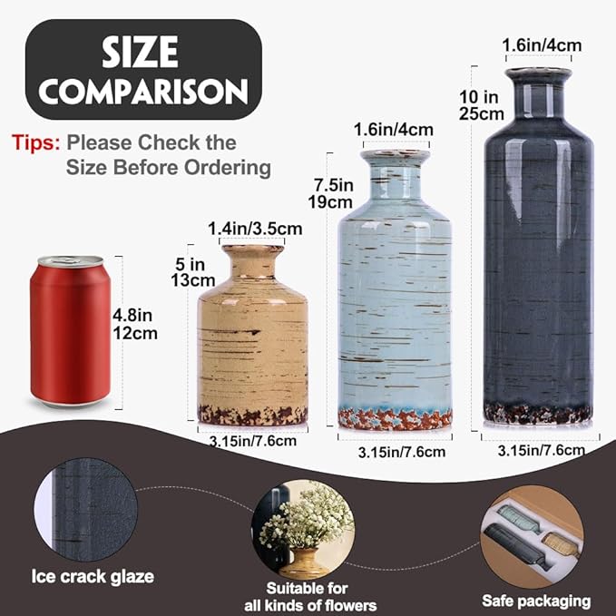 Ceramic Vase Set of 3-3 Neutral Vases Home Decor, Farmhouse Country Flower Vase, Vases for Centerpieces, Living Room Decoration, Table Decoration, Fireplace Decor, and Entrance Decorations